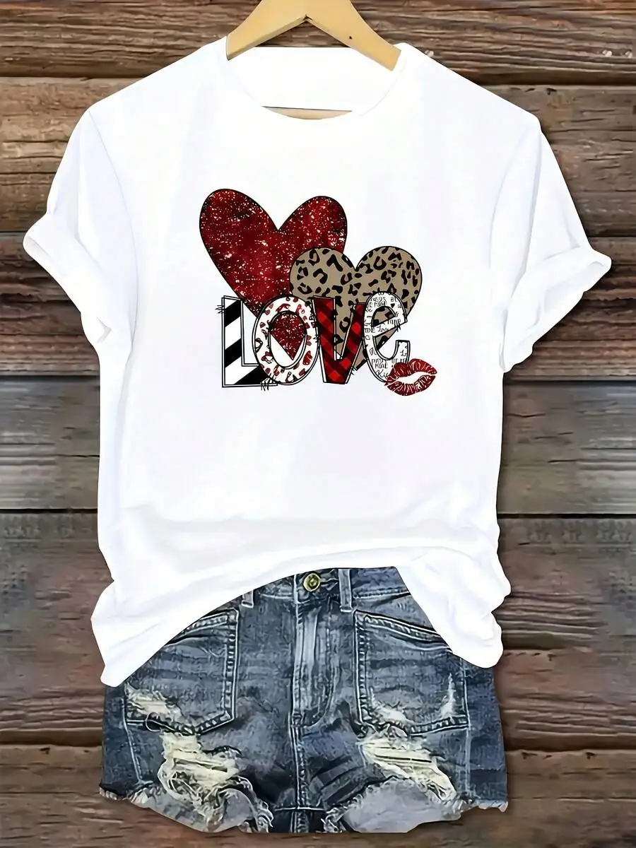 Women Romantic Valentine Casual Tops 1Pc Crew Neck Short‑Sleeve Relaxed Fit Leopard Print Glitter Heart Bold LOVE Letter Graphic Print Tees