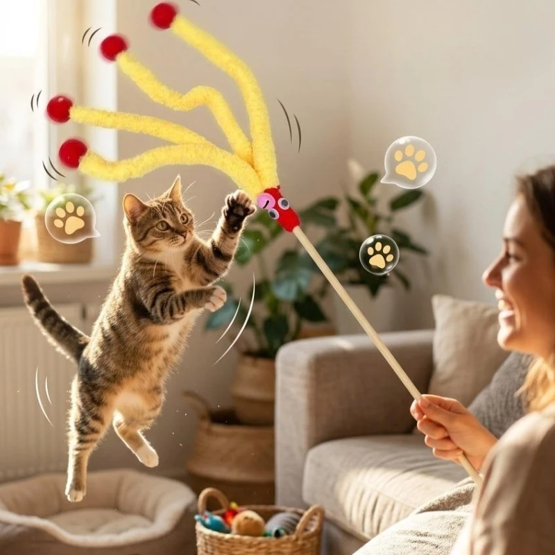 Interactive Cat Colorful Octopus Wand Toys Kitten Cat Teaser Toy Rod with Bell for Cats Teaser Toy Rod Pet Cats Toys Stick