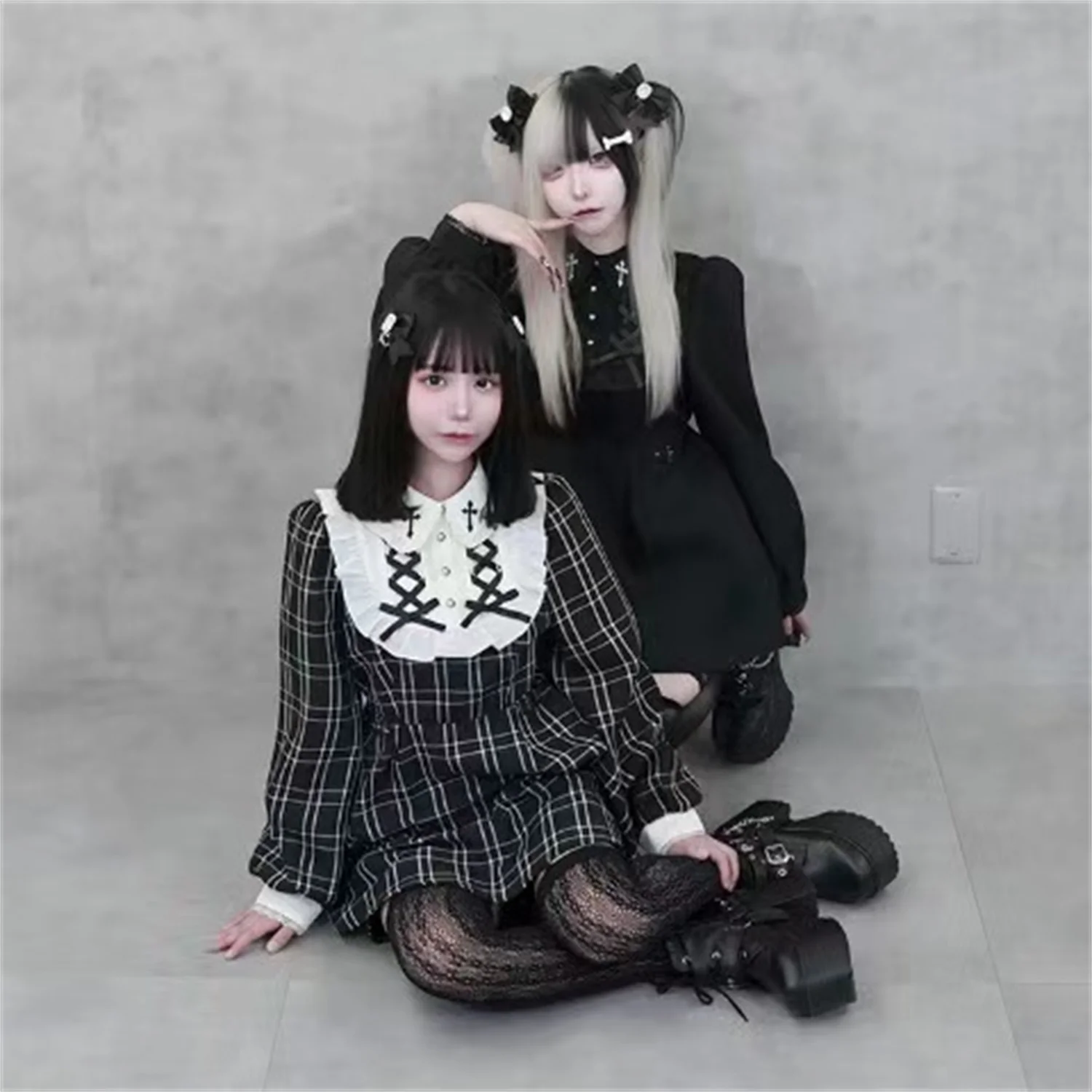 Otoño nueva subcultura gótica niñas dulce vestido fresco pantalones cortos conjunto de 2 piezas mina japonesa producida en masa vestido de manga larga conjunto de pantalones cortos