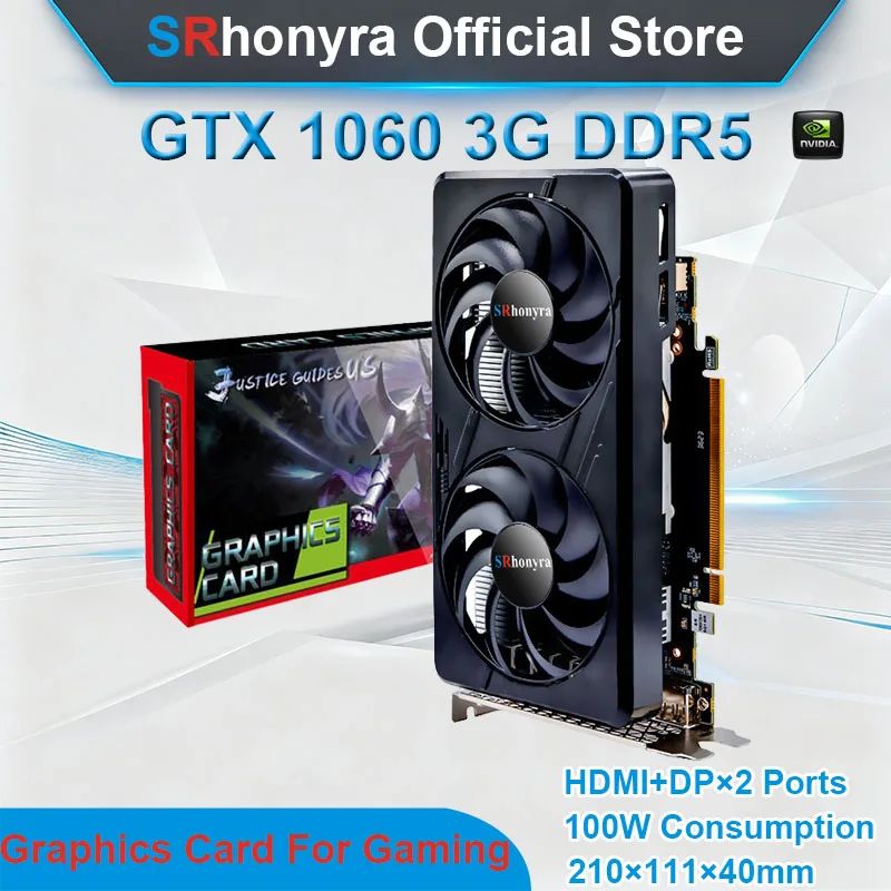 بطاقة رسومات SRhonyra GeForce GTX 1060 لألعاب الفيديو Cead، 3/6 جيجابايت GDDR5 PCIe 3.0X16 192 بت تبريد مزدوج المروحة HDMI 2.0+2x DP