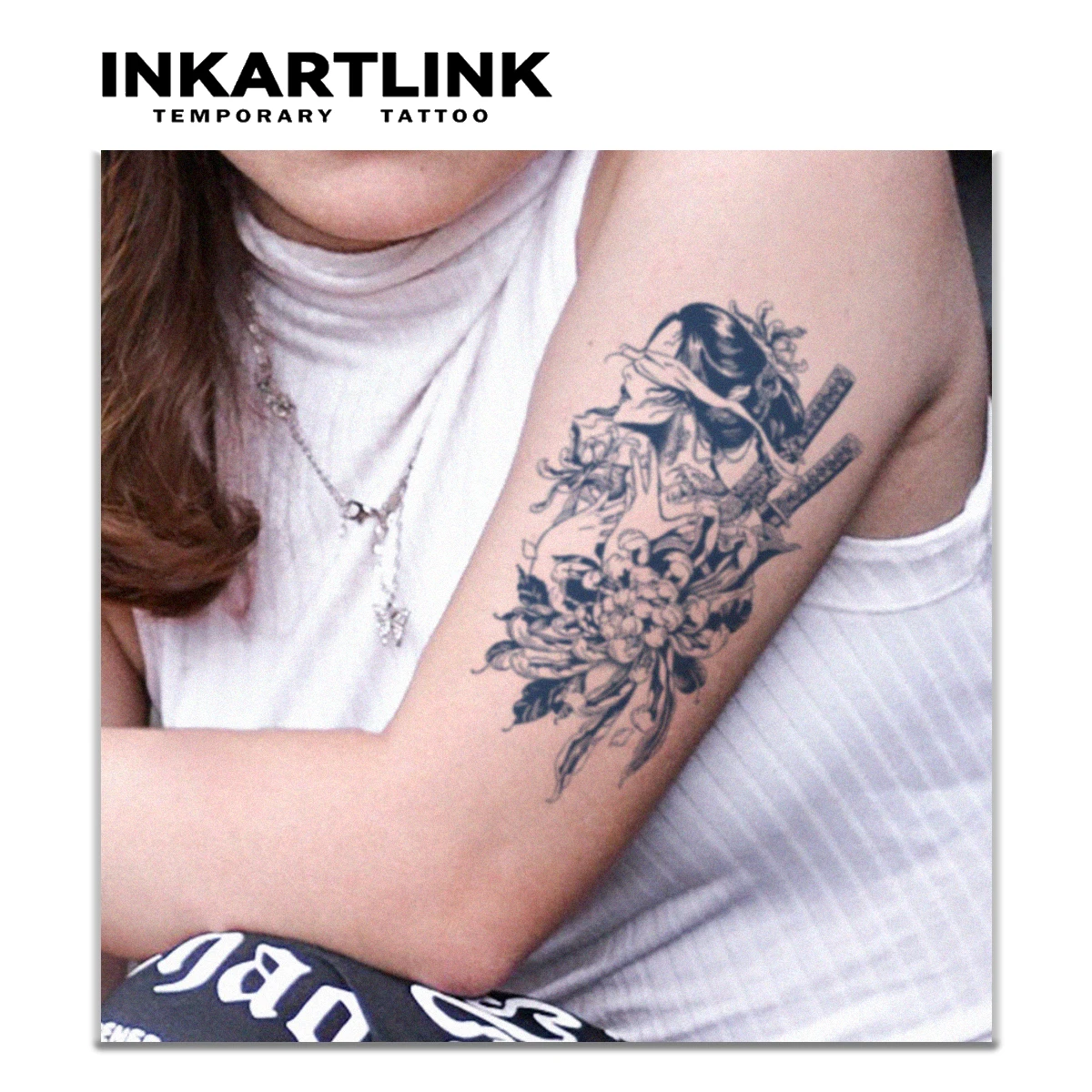 INKARTLINK Anime Girl Flower Swords Waterproof Temp Tattoo Sticker for Music Festivals, Cosplay Events & Daily Wear.