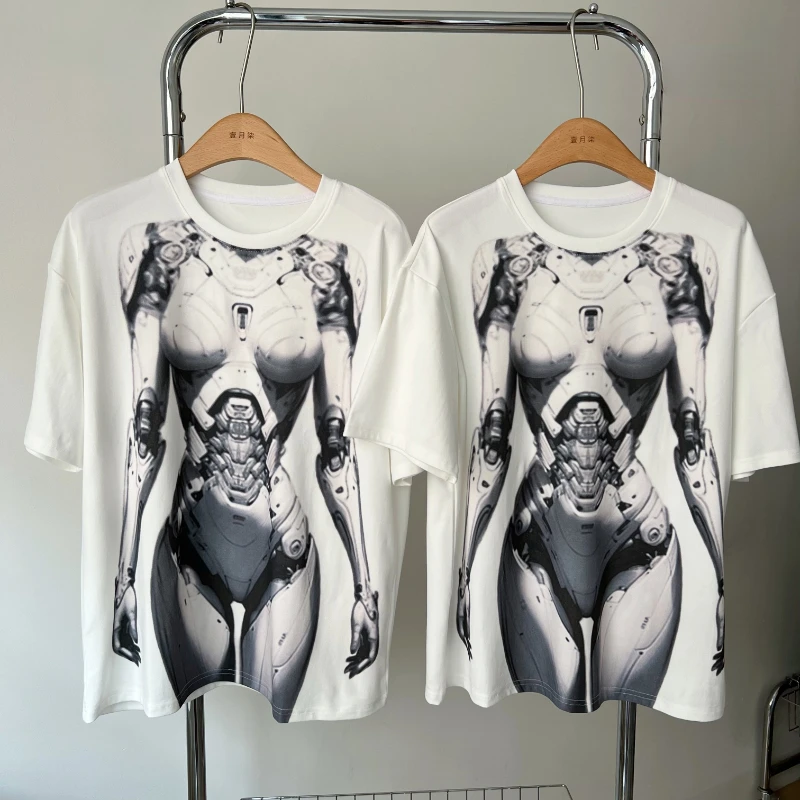 

Futuristic Feeling AI Robot Printing Summer Women T-shirt All-match Lazy Wind Loose Pullover Top Casual Short Sleeve Female Tees