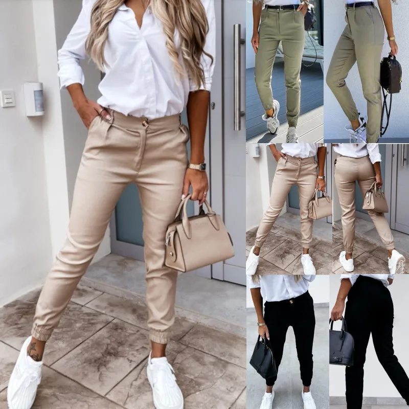 

Spring Summer Women Fashion Button Pencil Pants Elegant Slim Fit Solid Trousers Office Lady Pocket Casual Pants