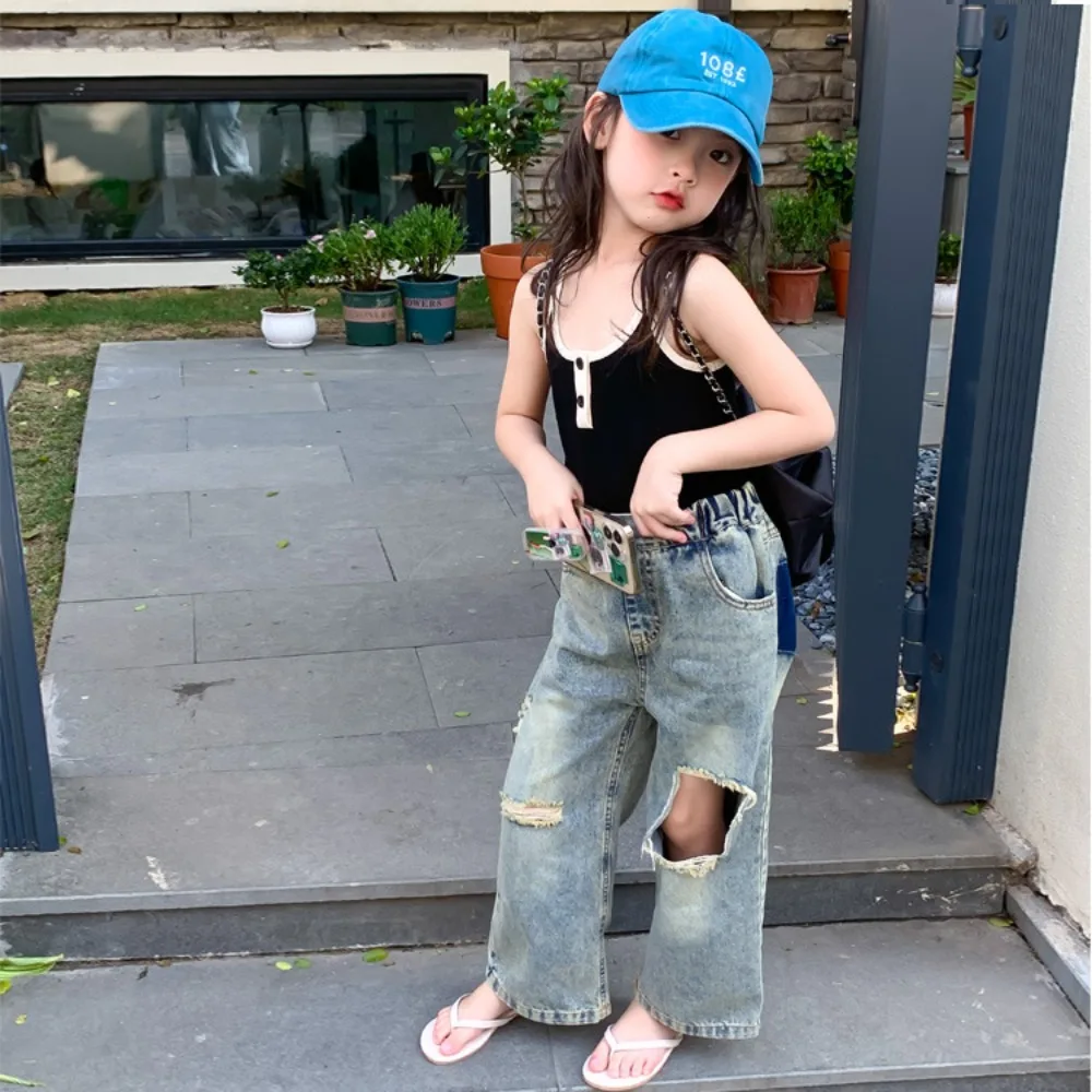 

Girls Pants Korean Style 2024 Summer New Solid Color Ripped Pants Jeans Vintage Spicy Girl Fashion Summer Children Trousers