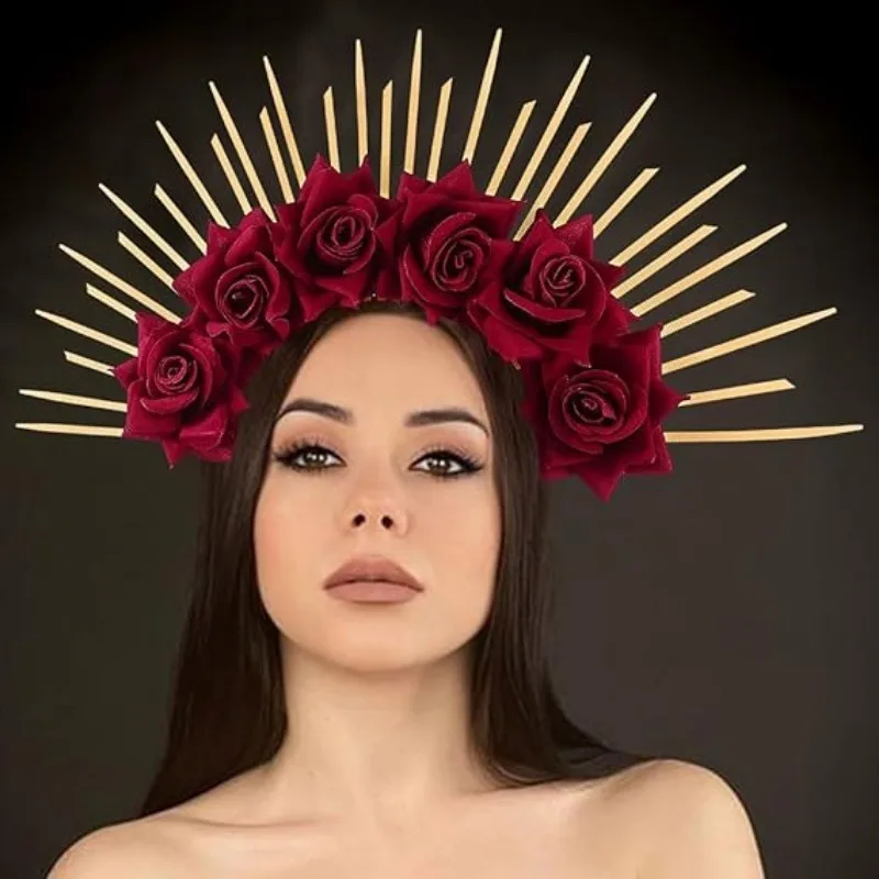 Korona Halo, meksykańska opaska z kwiatami, ozdobna opaska na głowę bogini, ozdoba na głowę Mary, kostium na Halloween, przebranie, nakrycie głowy dla kobiet