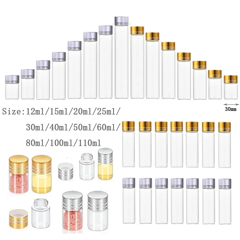 Garrafa reta de vidro transparente, 5 peças 12ml-110ml com tampa espiral de alumínio, tubo de fundo plano, recipientes de armazenamento de doces para festa