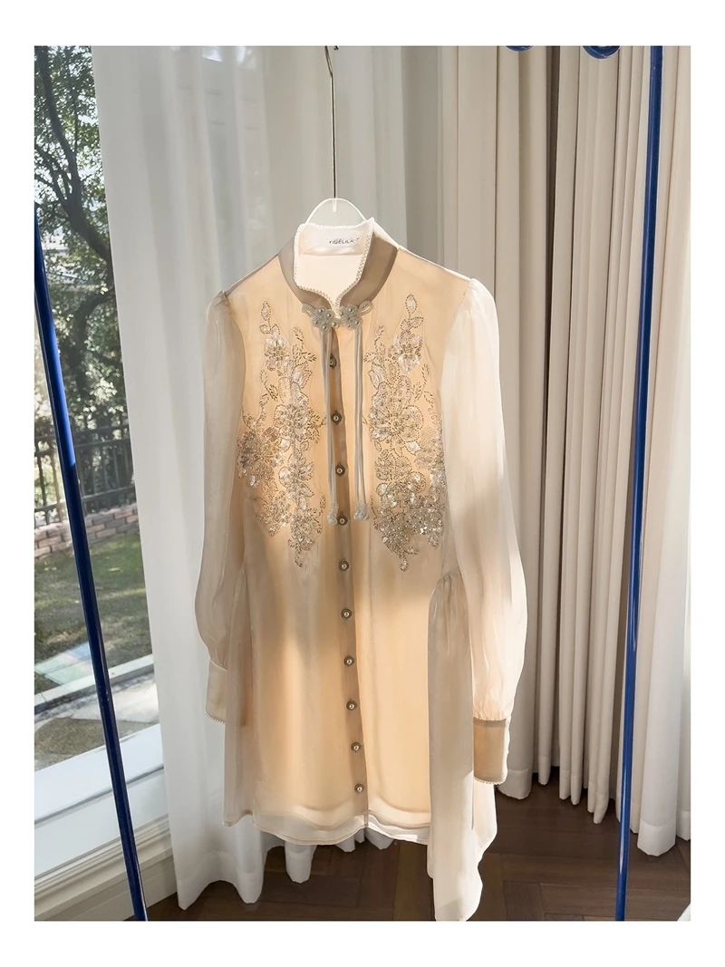 Summer Blouse Top Spring Autumn Chiffon Shirts Chinese Style Chinese Embroidery Flower Long Sleeve Loose Oversize Shirt Dress