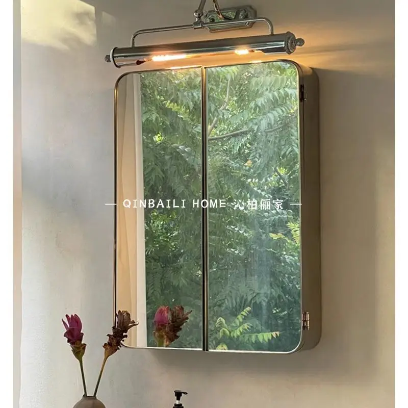 Yjq multifunctional retro mirror cabinet modern simple wall-mounted folding mirror home toilet entrance stainless steel