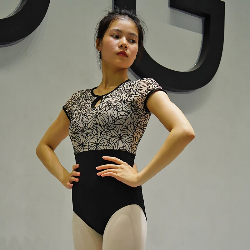 Adult Professional Cotton Lace Short Sleeve Ballet Leotard Women's Dance Stand Collar Yoga Gymnastics Swimwear