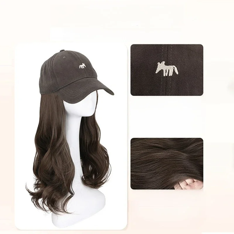 

Wig hat one-piece women's fashion women's little fox baseball hat big wavy inner button wool curly long straight hair