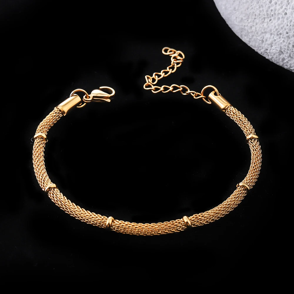 Dainty Beaded Station Mesh Chain Bracelet for Women Stainless Steel Lightweight Adjustable Tarnish Free Stackable Wrist Jewelry