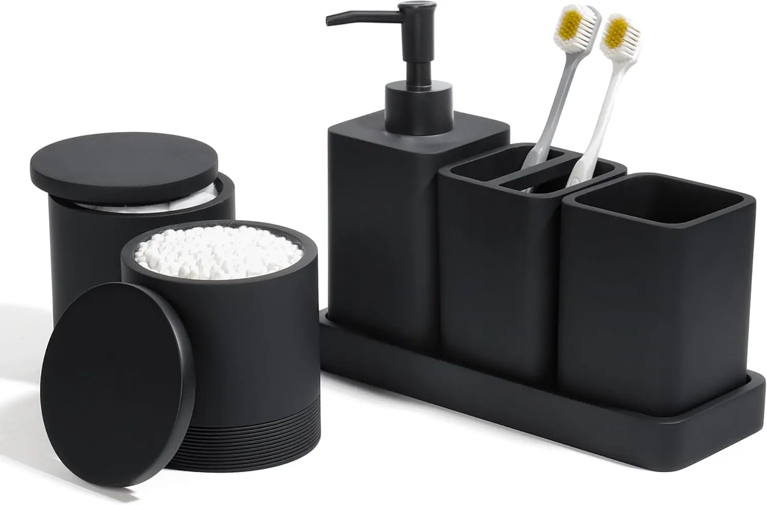 

6-Piece Matte Black Bathroom Set with Soap Dispenser, Toothbrush Holder, Vanity Tray, and Jars for Organized Essentials