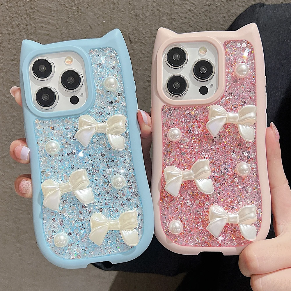 

Luxury Cute Cat Bling Glitter Phone Case For iPhone 16 15 14 13 12 11 Pro Max Plus Ultra-thin Pearl Butterfly Silicone Cover