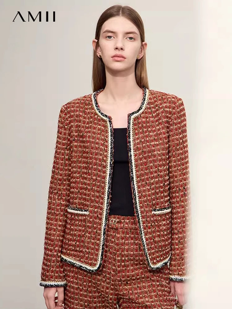 AMII Minimalist Tweed Coats Women Jacket 2024 Autumn Winter Elegant O-Neck Coat Straight Casual Pants Sold Separately 12344182