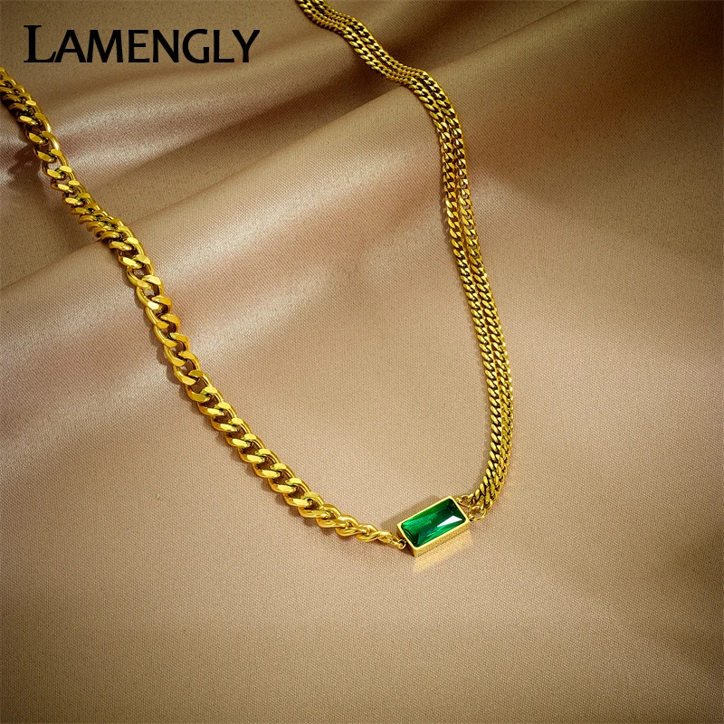 LAMENGLY 316L Stainless Steel Square Green Crystal Zircon Necklace For Women New Girls Multi-Layer Chains Choker Jewelry Gifts