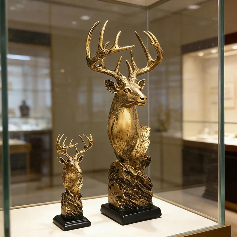 Gold Resin Deer Head Statue, Sculpture Faux Antler Animal Bust, Figurine Luxury Home Living Room, Wine Cabinet Shelf Decor Gift