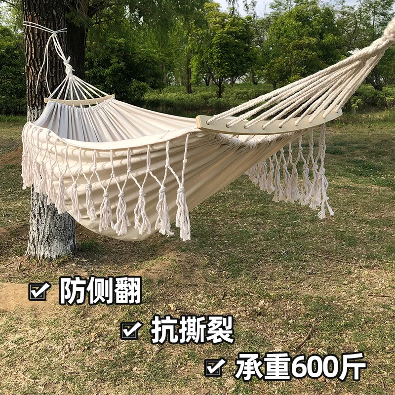 190 180 Canvas Fringed Hammock Outdoor Adult Anti-rollover Spring Outing Picnic Camping Photo Swing Children Double