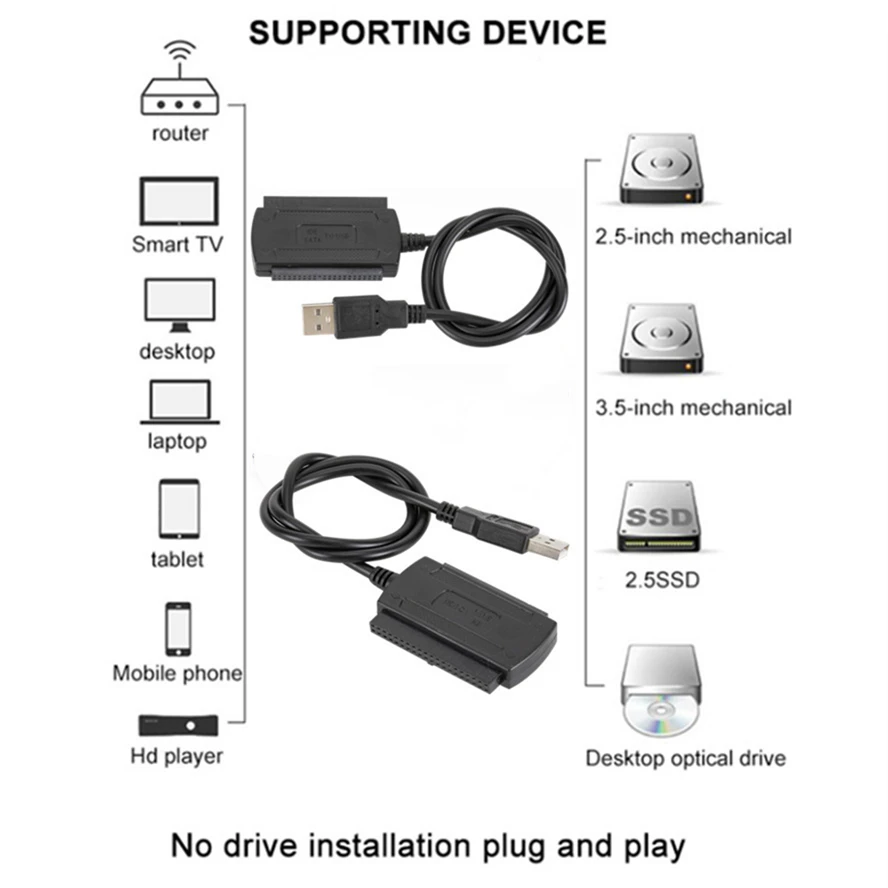 USB 2.0 to 2.5 "3.5" SATA PATA IDE 드라이브 어댑터 컨버터 케이블, 하드 드라이브 디스크 HDD용, 외부 AC 전원 어댑터 EU