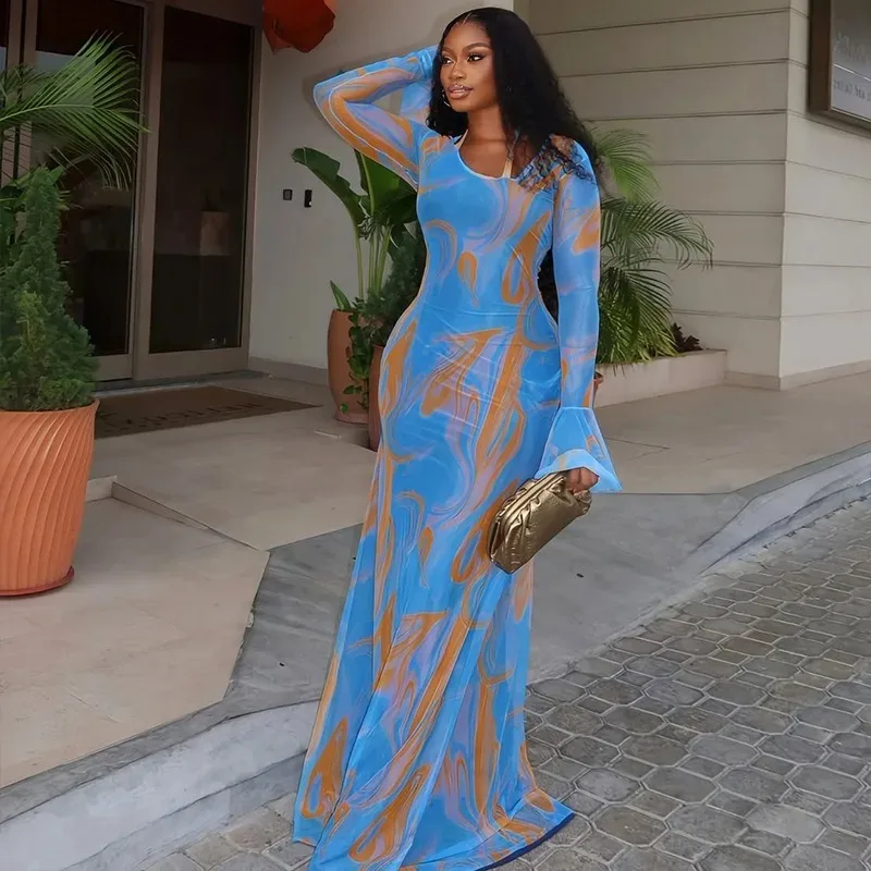 

Women's Tie Dye Print O-Neck Ribbons Decoration Long Flare Sleeve Waistband Hips Wrapped Long Dress, Light Weight & Airy