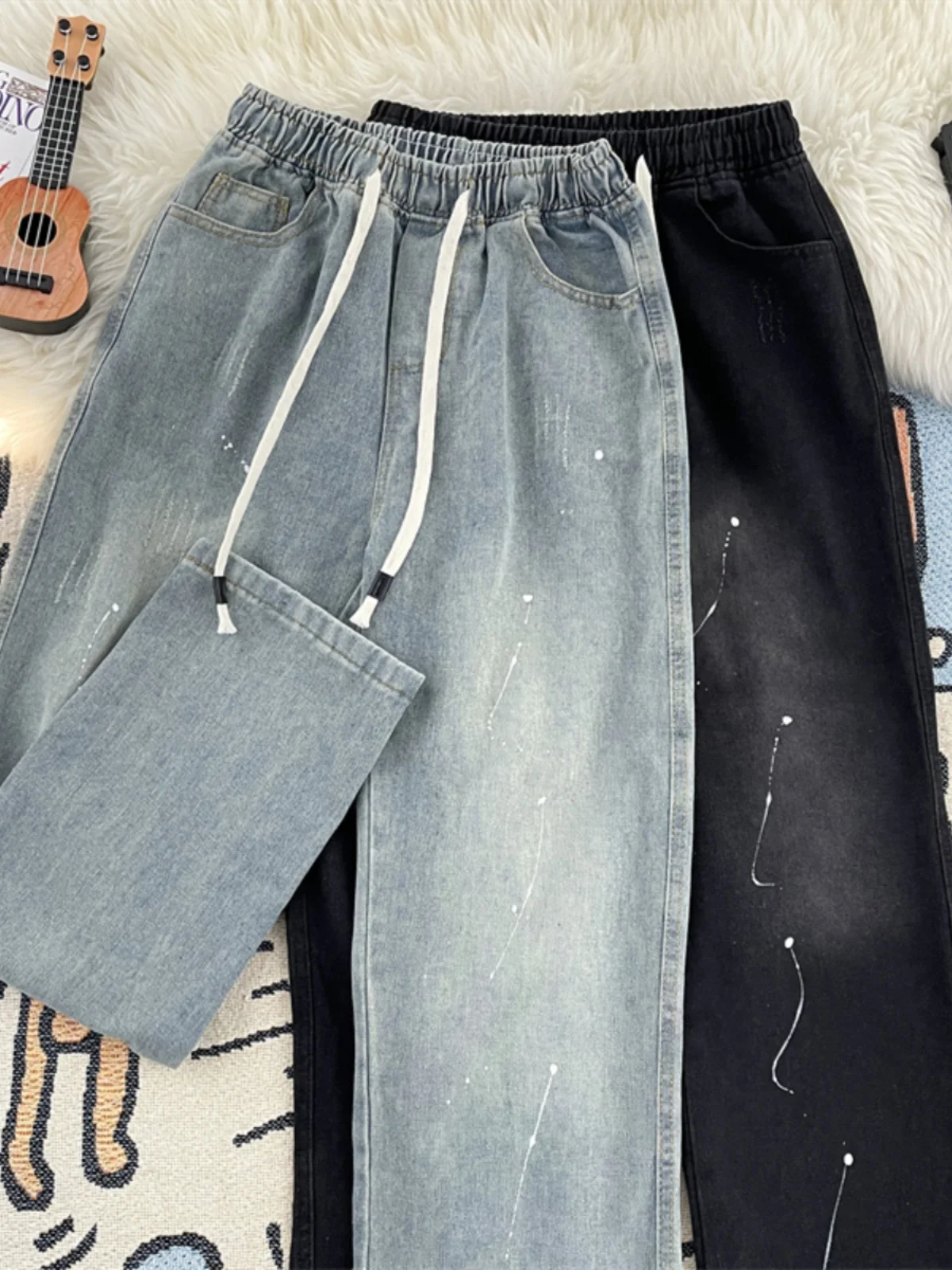 

Loose Wide Leg Men's Jeans Casual Spring Autumn Style Vibe Brand American Washed Denim Pants Loose Waist Ink Splashed Design