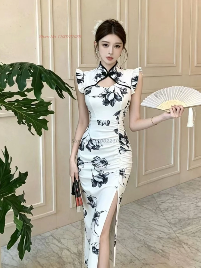 

2026 chinese improved cheongsam sleeveless qipao traditional flower print evening party dress vintage banquet nightclub dress