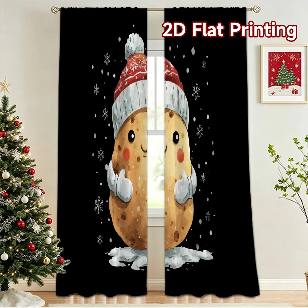 2D flat 2pcs Curtain Modern Minimalist Style Christmas Potato in Beanie Digitally printed polyester Festive Wall Decor Perfect