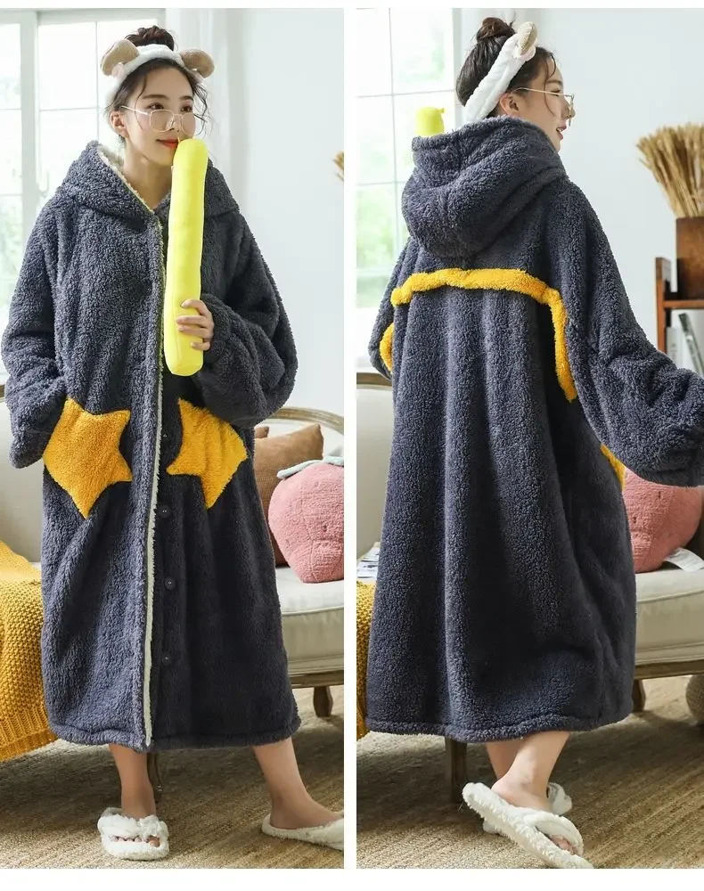 Women Fleece Hooded Bathrobe Women\'s Princess Robe Ankle Lightweight Cotton Soft Fluffy Warm Sherpa Shaggy  Kimono Bride