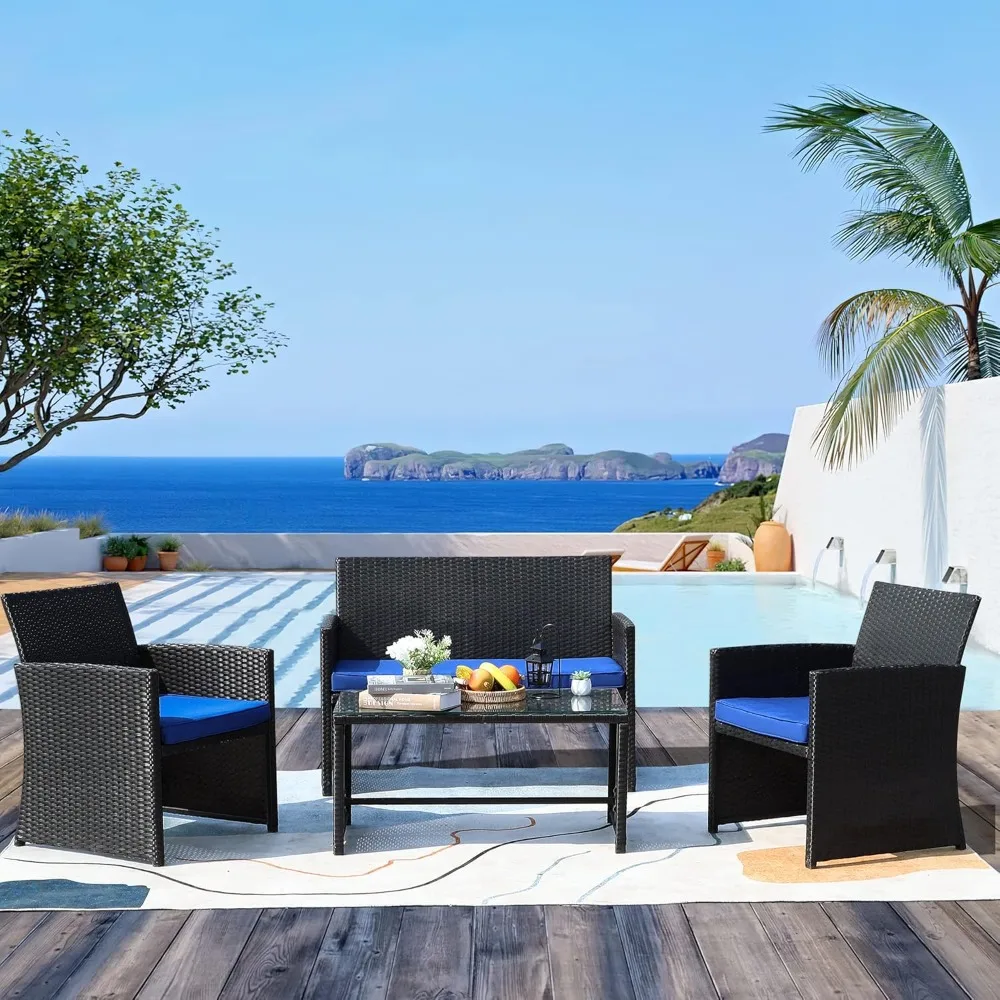 

4-Piece Modern Black Rattan Patio Conversation Set with Padded Cushions and Waterproof, Anti-UV Protection