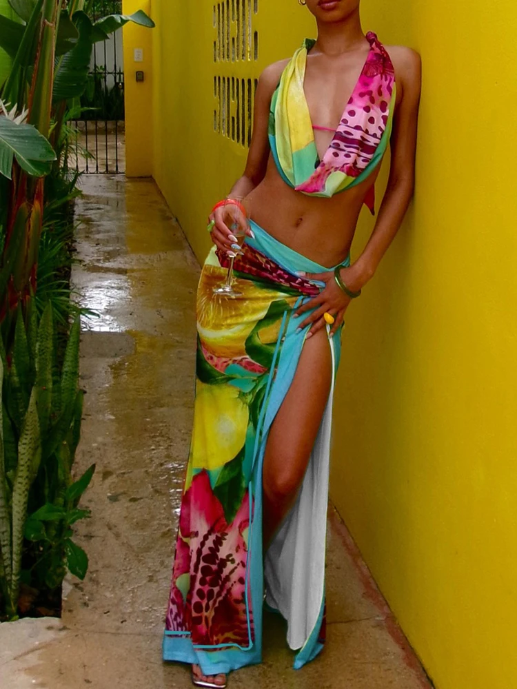 Weird Puss Colorful Y2K Beach Women 2 Piece Set Leopard Vacation Halter Tank Tops+Wrapped Maxi Skirts Matching Midnight Clubwear