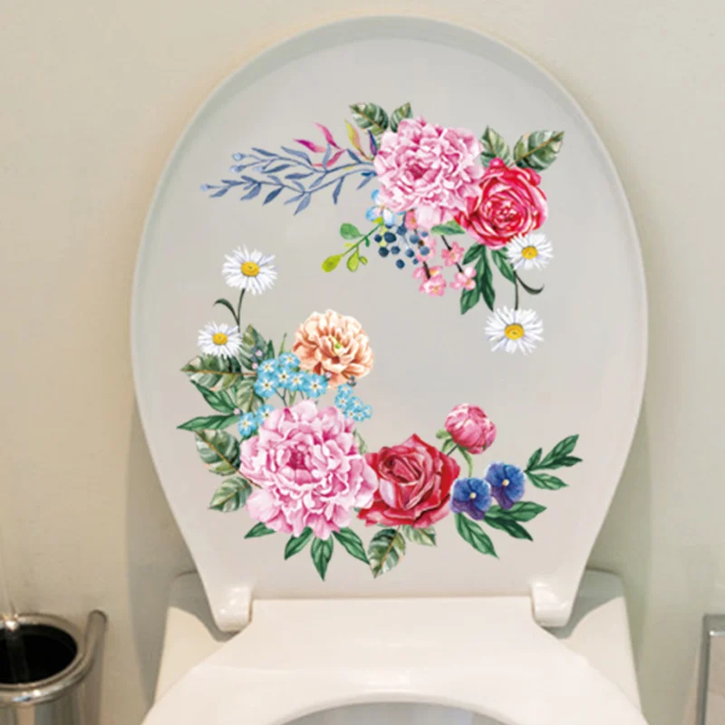 1pc Kawaii Peony Flower Toilet Sticker DIY Window Glass Wall Sticker Bedroom Decoration Sticker Self-adhesive Bathroom Wallpaper