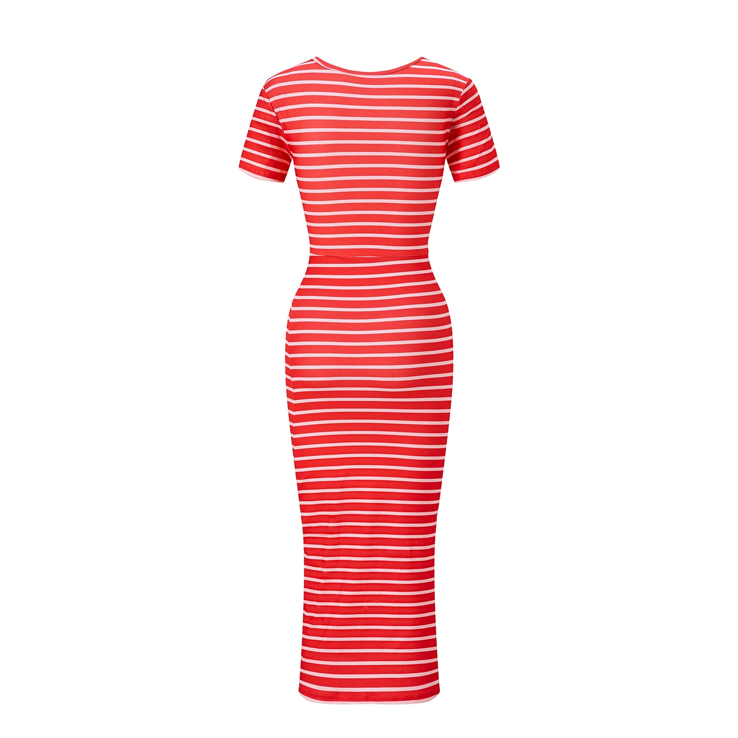 2026 Neues Europäisches und Amerikanisches Damenkleid mit Rundhalsausschnitt, Streifenmuster, Kurzen Ärmeln, Schlankmachendem Effekt und Seitenschlitz – Detail 10