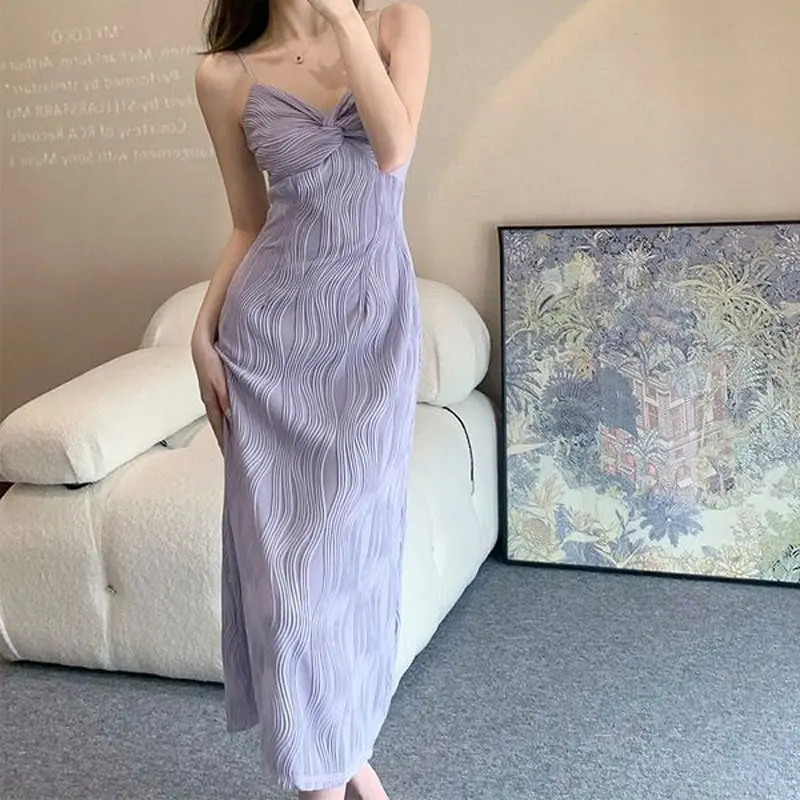 Sexy V-Neck Stylish Folds Slip Long Dress Summer French Style Elegant Slim Female Clothing Waist Sleeveless Solid Color Dresses