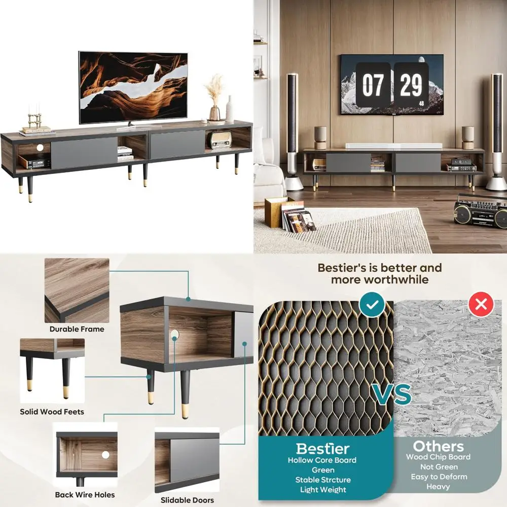 Mid Century Modern TV Stand - Entertainment Center with Storage and Sliding Doors, 2-in-1 Long Cabinet for Living Room