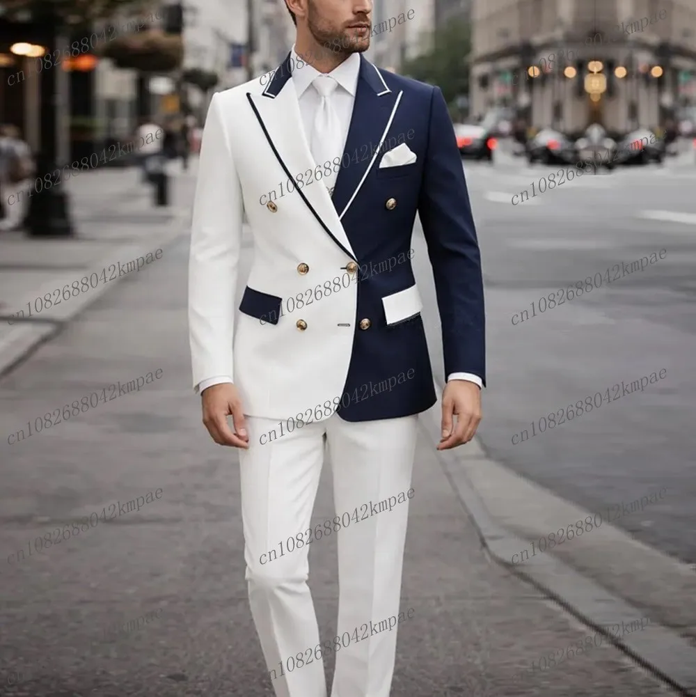 

White And Navy Blue Men Suit Formal Occasion Groom Groomsman Wedding Party Prom Male Business Tuxedos 2 Piece Set Blazer Pants