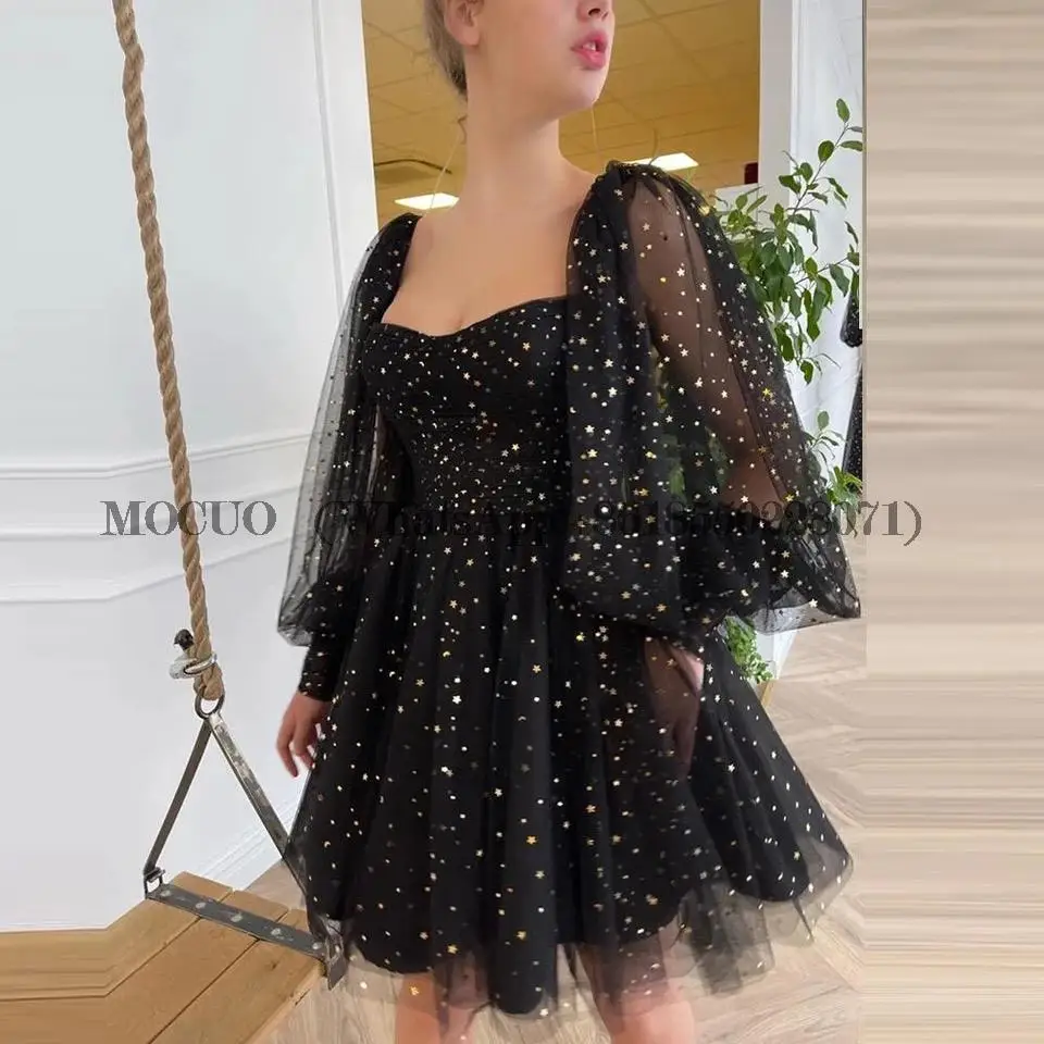 Minivestido de fiesta de tul con manga abullonada, vestido de noche de línea a, vestido de regreso a casa, Vestido corto de gala, vestido elegante negro