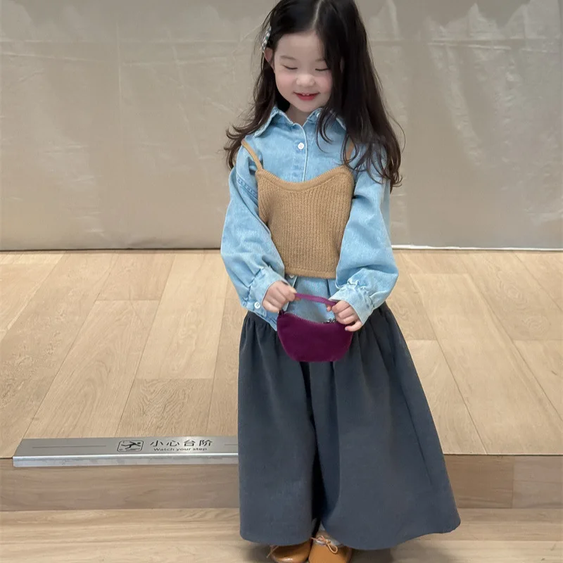 Girls Suit 2025 Autumn New Children's Clothing Korean Style Girls Baby Cowboy Shirt Sweater Halter Woolen Pants Three Sets