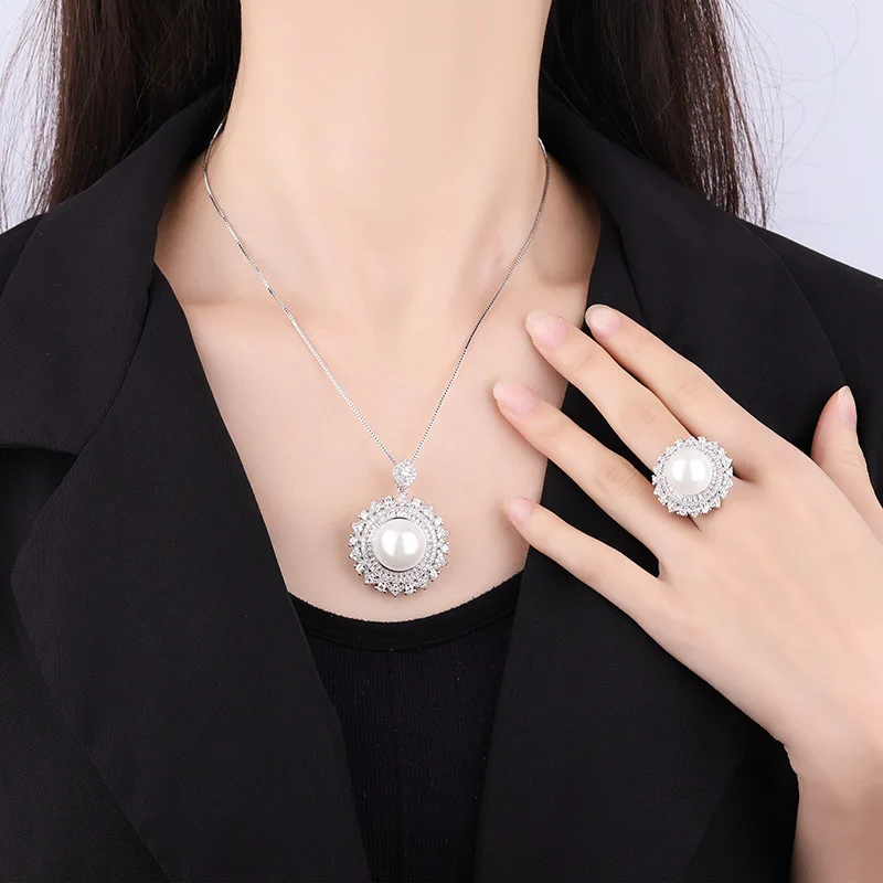 Jewelry with White Shell Pearls Korean Style Fashion Handmade Inlaid Diamond Round Luxurious Set 16mm 124mm