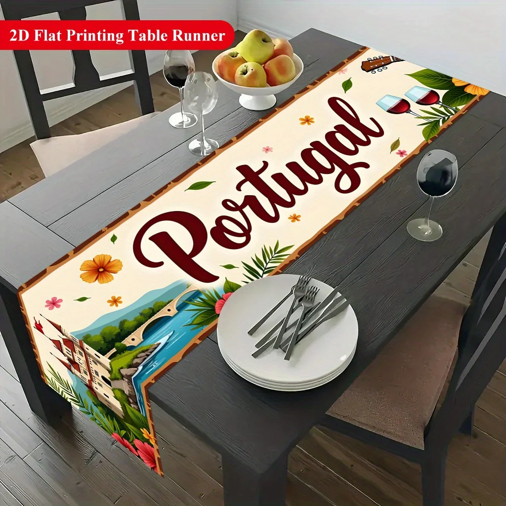 Portugal Scenic Diversity Print Table Runner - Vibrant Culture Motif Decoration for Dining Coffee Table Home Kitchen Feast