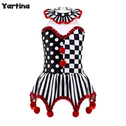 Kids Girls Circus Ringmaster Clown Joker Cosplay Costume Plaid Polka Dots Stripes Print Sequins Adorned Irregular Hem Tutu Dress