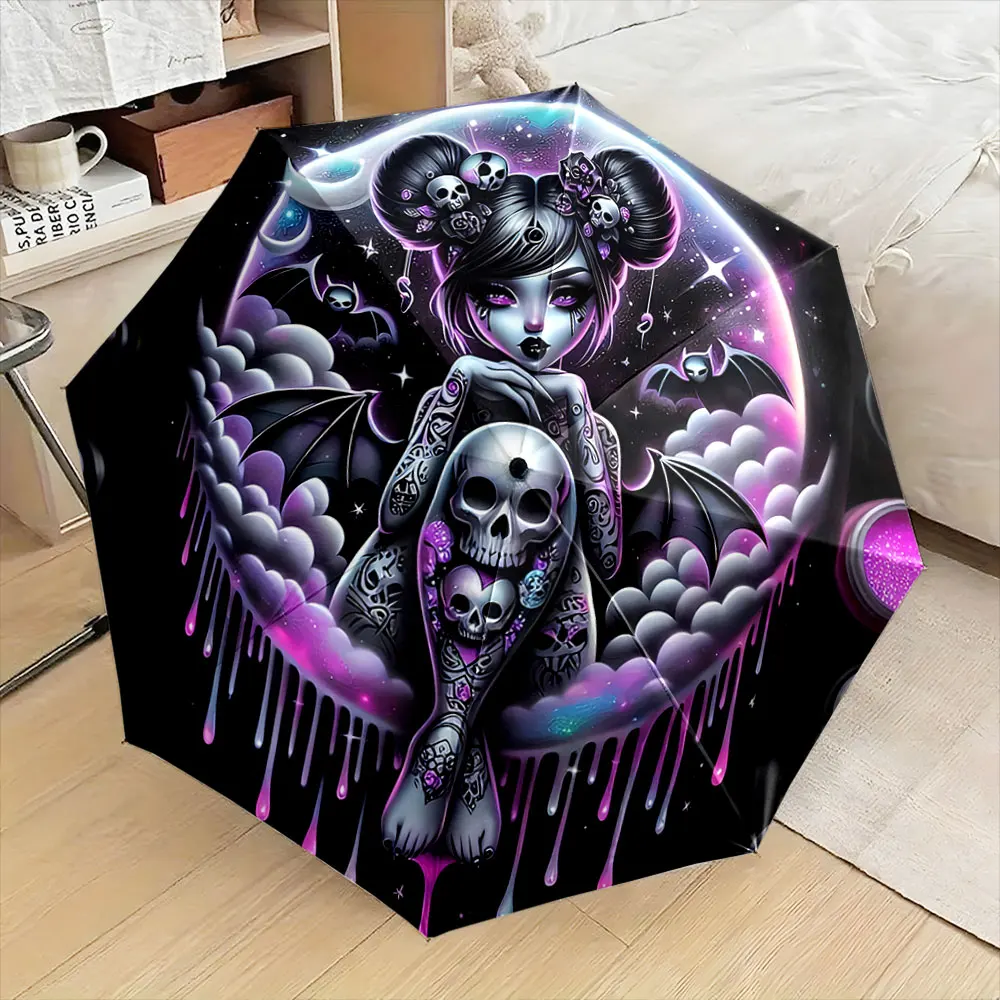 Gothic Fantasy Girl With Skulls and Bats Umbrella Design portable waterproof sun rain umbrella for outdoor travel beach