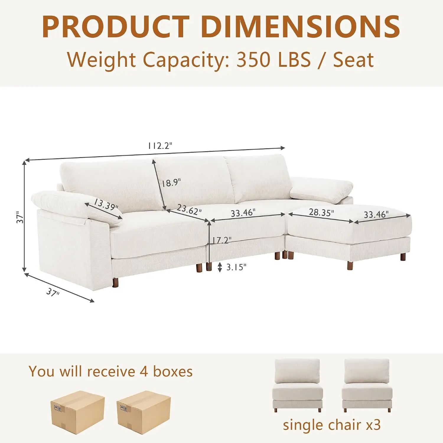 112'' Oversized L Shape Modular Cloud Sectional Sofa, Deep Seat, Beige, Customized