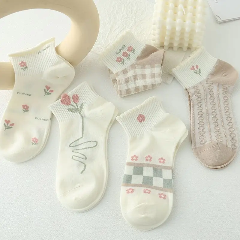 5 Pairs 1 Lot Women Socks Set Thin Cute Kawaii Summer Short Low Tube Ankle Sock Pack Student Girls Lolita Skate Calcetines Mujer