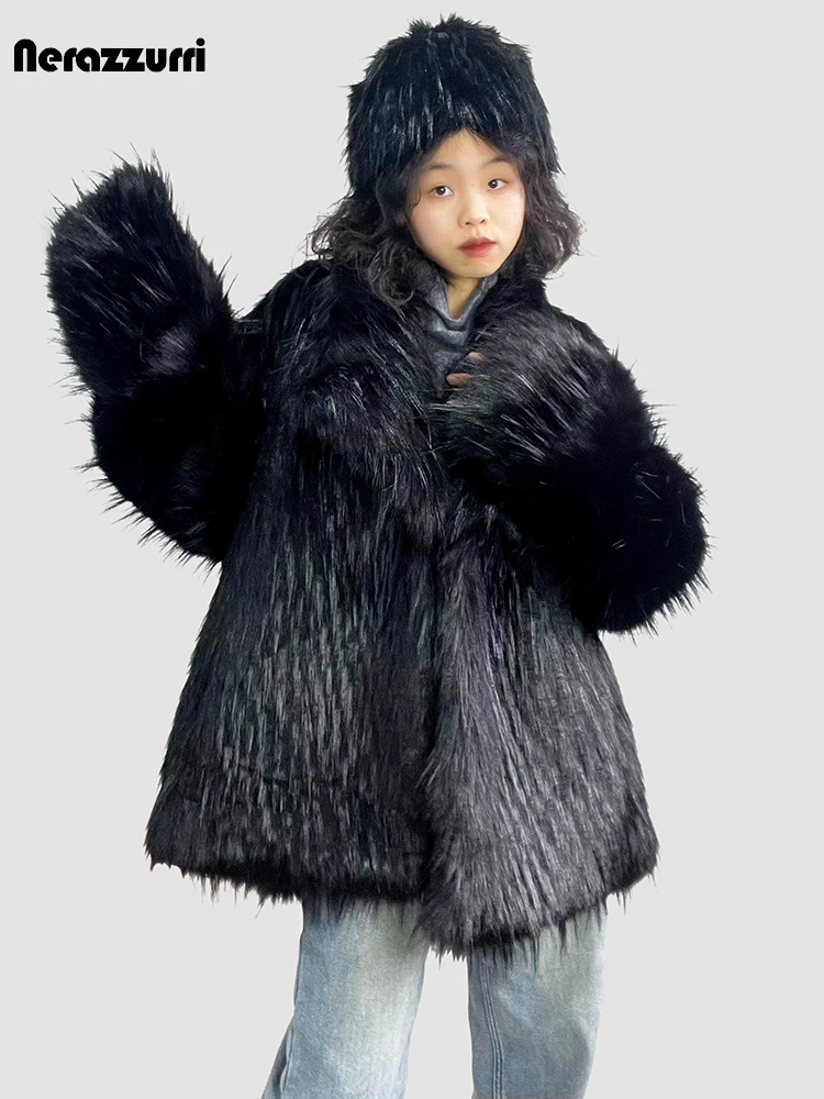 Nerazzurri Winter Oversized Thick Warm Shaggy Hairy White Faux Fox Fur Coat Women Luxury Designer Clothes Fluffy Jacket 2024