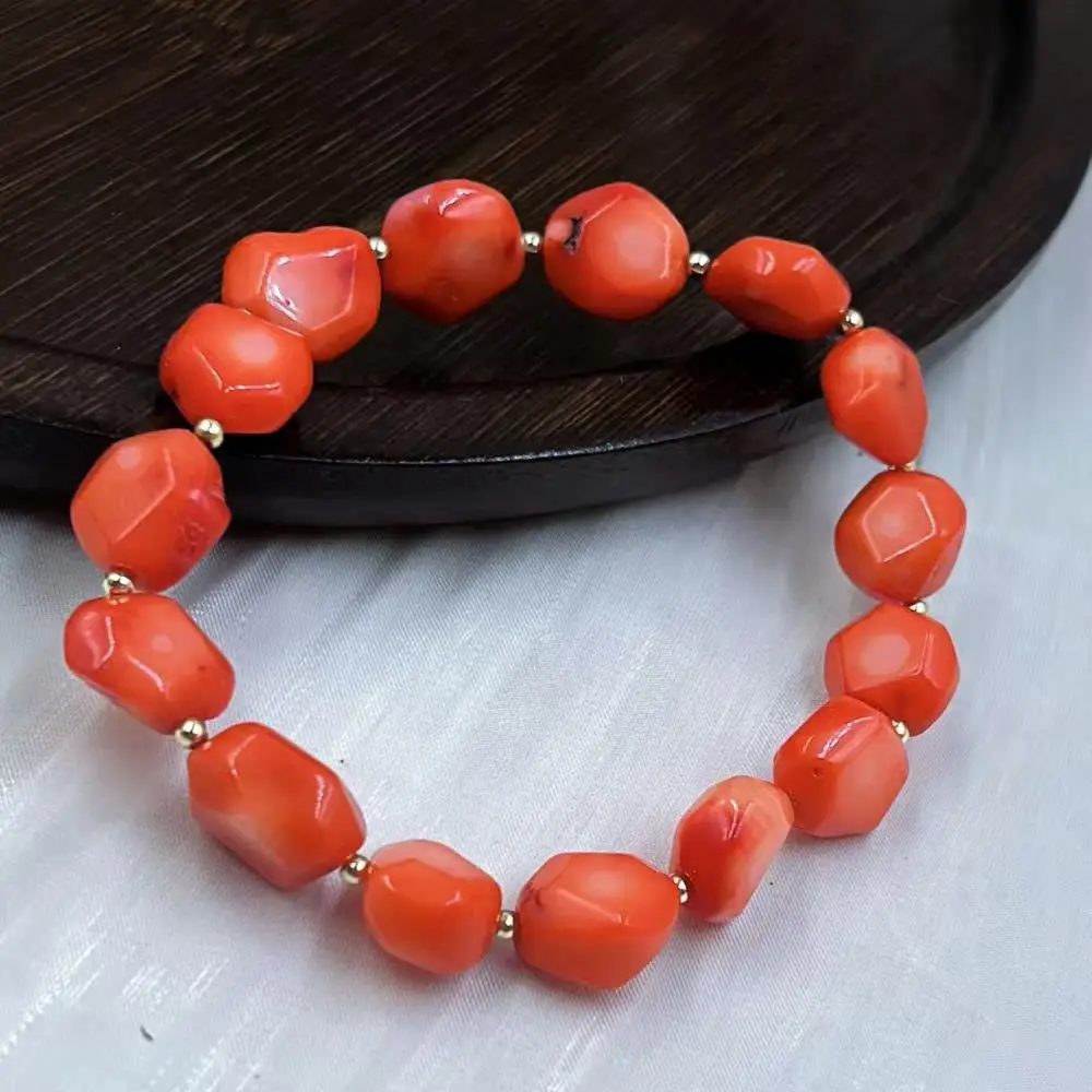 11--13mm 2mm Birthday Gift Women Natural Sea Bamboo Orange Coral Flat Hexagon Beads Jewelry Bracelet