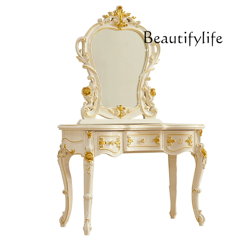 European-Style Dressing Table Bedroom High-End Princess Solid Wood Carving Integrated Makeup Desks and Chairs Combination