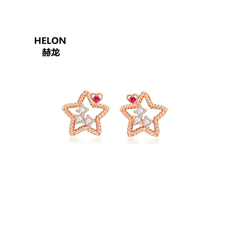 Solid 14k Rose Gold SI/H Full Cut Natural Diamonds Stud Earrings Star Heart Natural Ruby Women Earrings Fine Jewelry Engagement