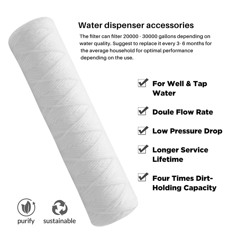 10 Micron 10 Inch X 2.5 Inch String Wound Sediment Water Filter Cartridge Whole House Sediment Filtration, Universal Replacement