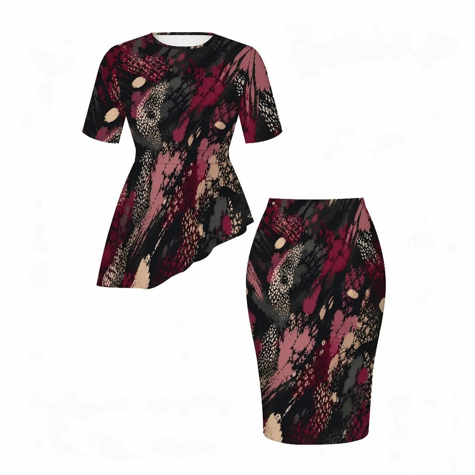 Women Abstract Printed Round Neck Short Sleeve Asymmetric Top and Fitted Skirt Two Piece Set