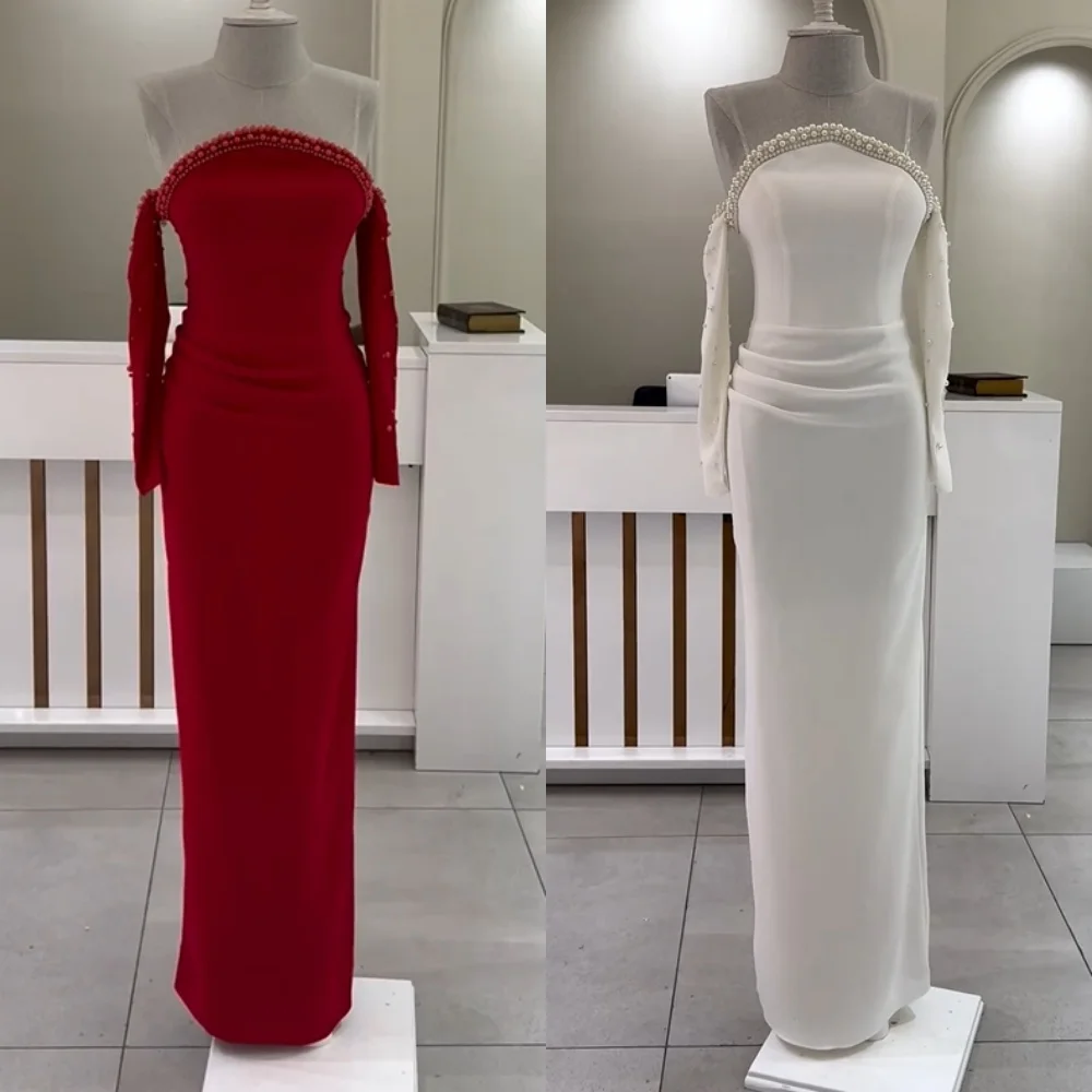

Customized Exquisite Jersey Pleat Pearl Straight Strapless Long Dresses Bespoke Occasion Evening Formal Pastrol