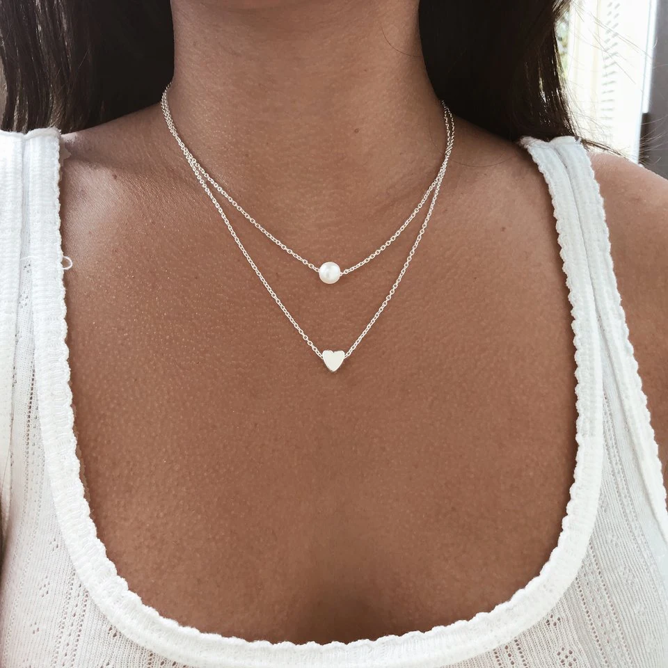 Aihua nuevo collar de doble capa para mujer, gargantillas con colgante de corazón de perla de imitación, collares para niñas, regalos de joyería baratos